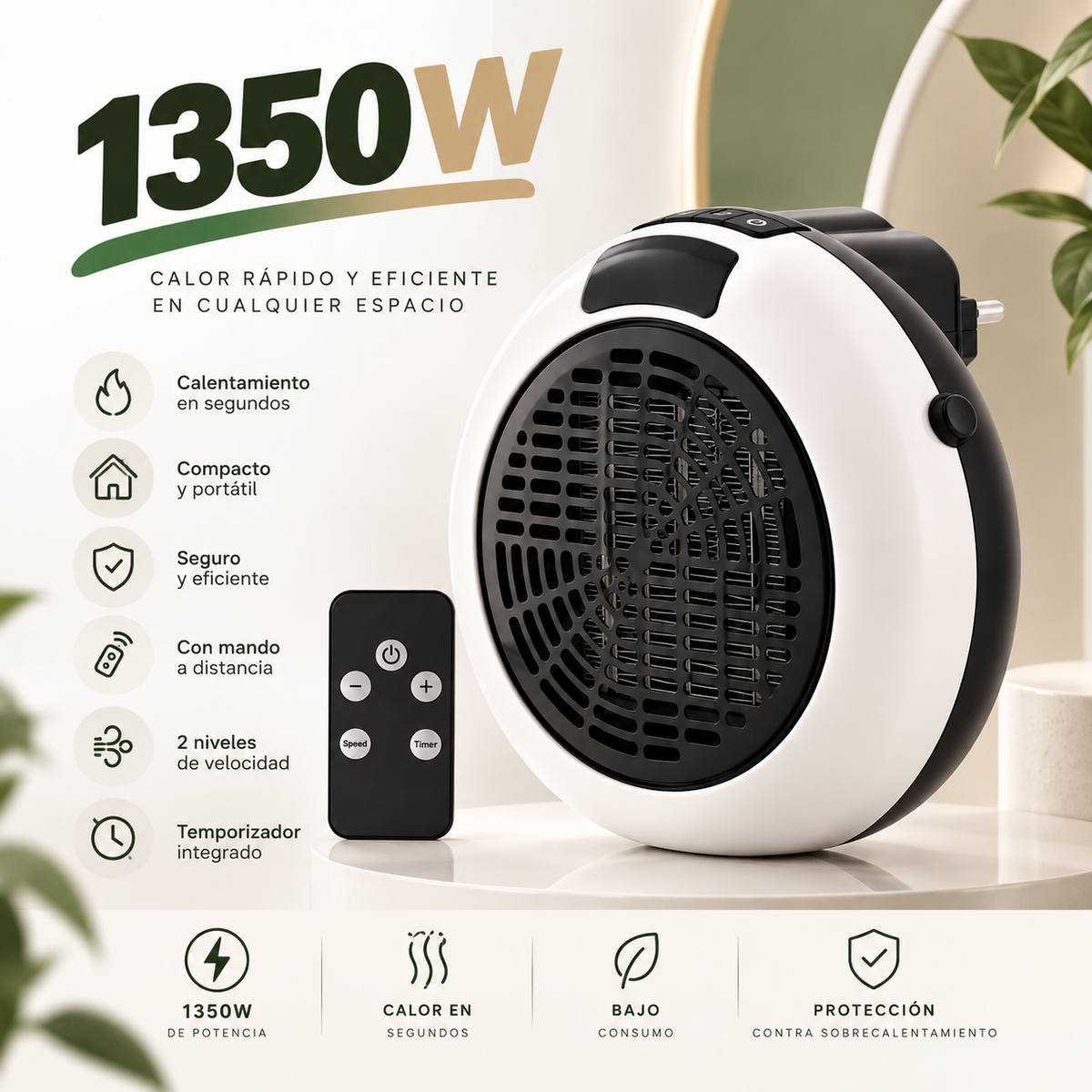 Calefactor Termocerámico Compacto 1350W con Mando