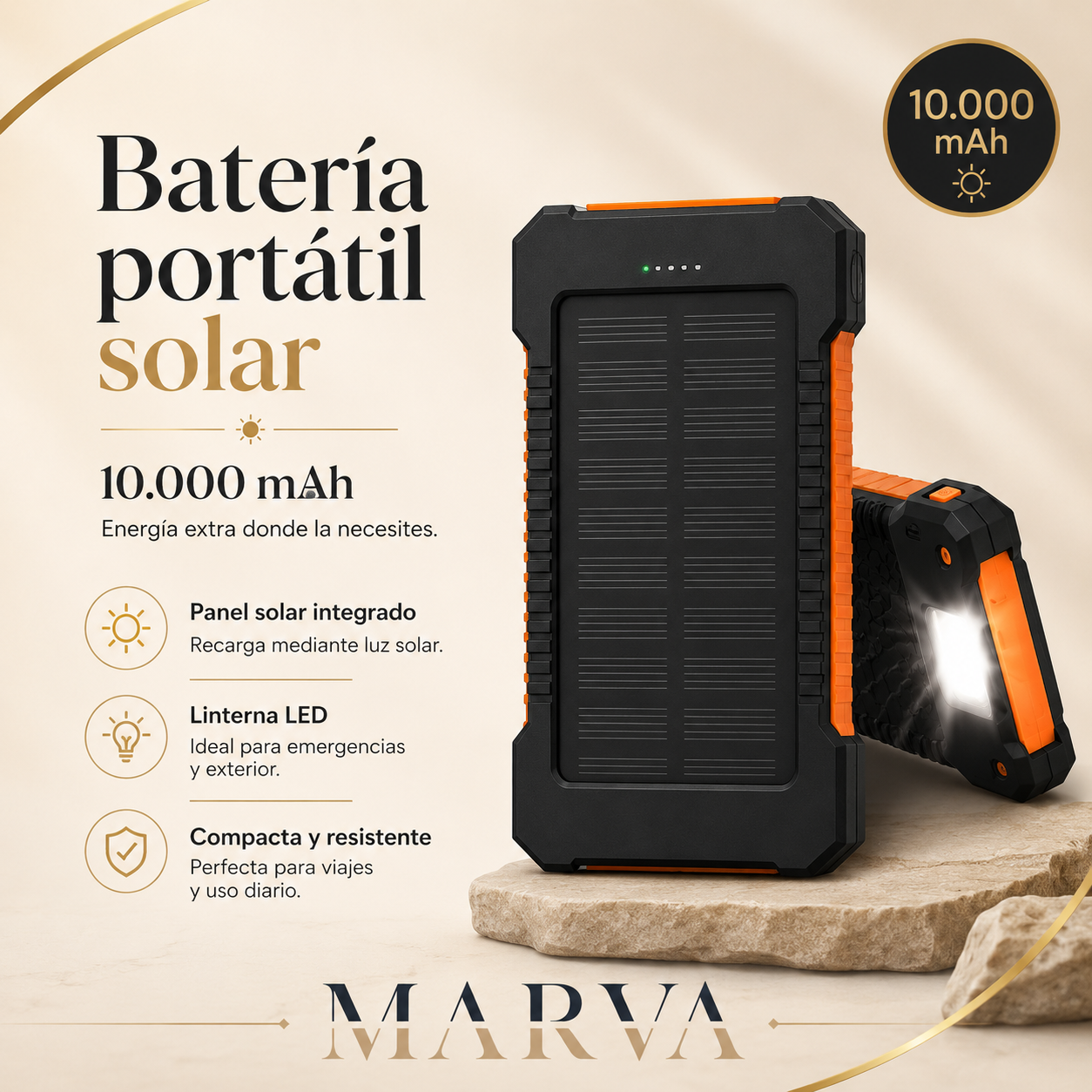 Batería Portátil Solar 10.000 mAh con Linterna LED