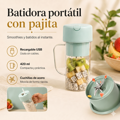 Batidora Portátil USB con Pajita para Smoothies y Batidos
